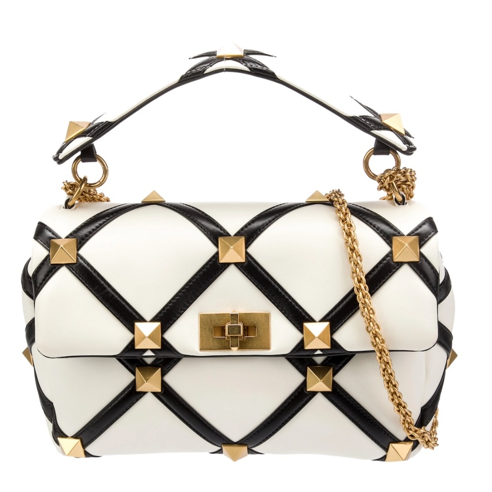 NWT Valentino Garavani Nappa Large Roman Stud Bag in Ivory/Black